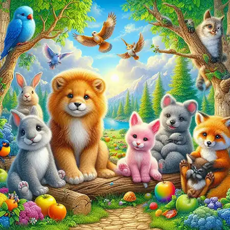 3D Bild mit Tieren im Wald. Vögel, Katze, Hase, Fuchs.