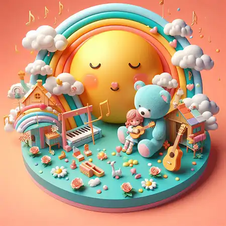 3D Bild mit einer Sonne und Regenbogen, ein Teddybär und einer Gitarre
